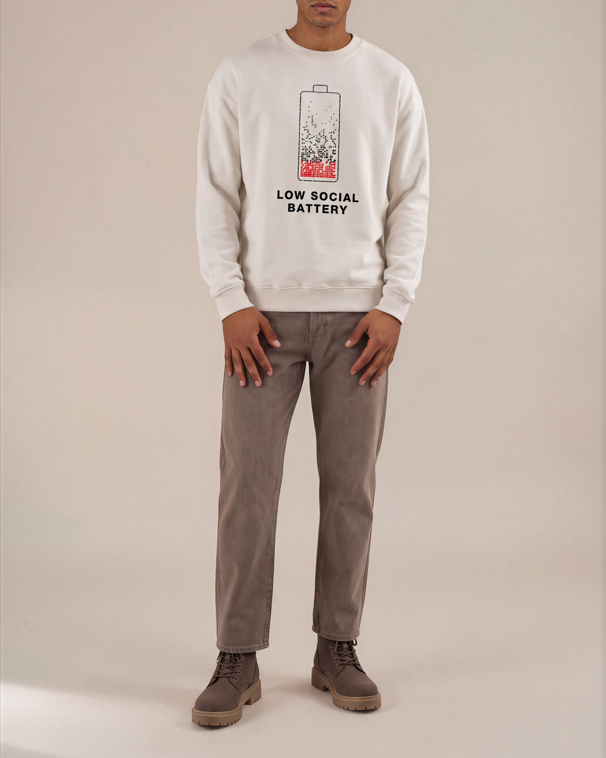 Low Social Battery Unisex Crewneck — White crewneck, full outfit showing fit