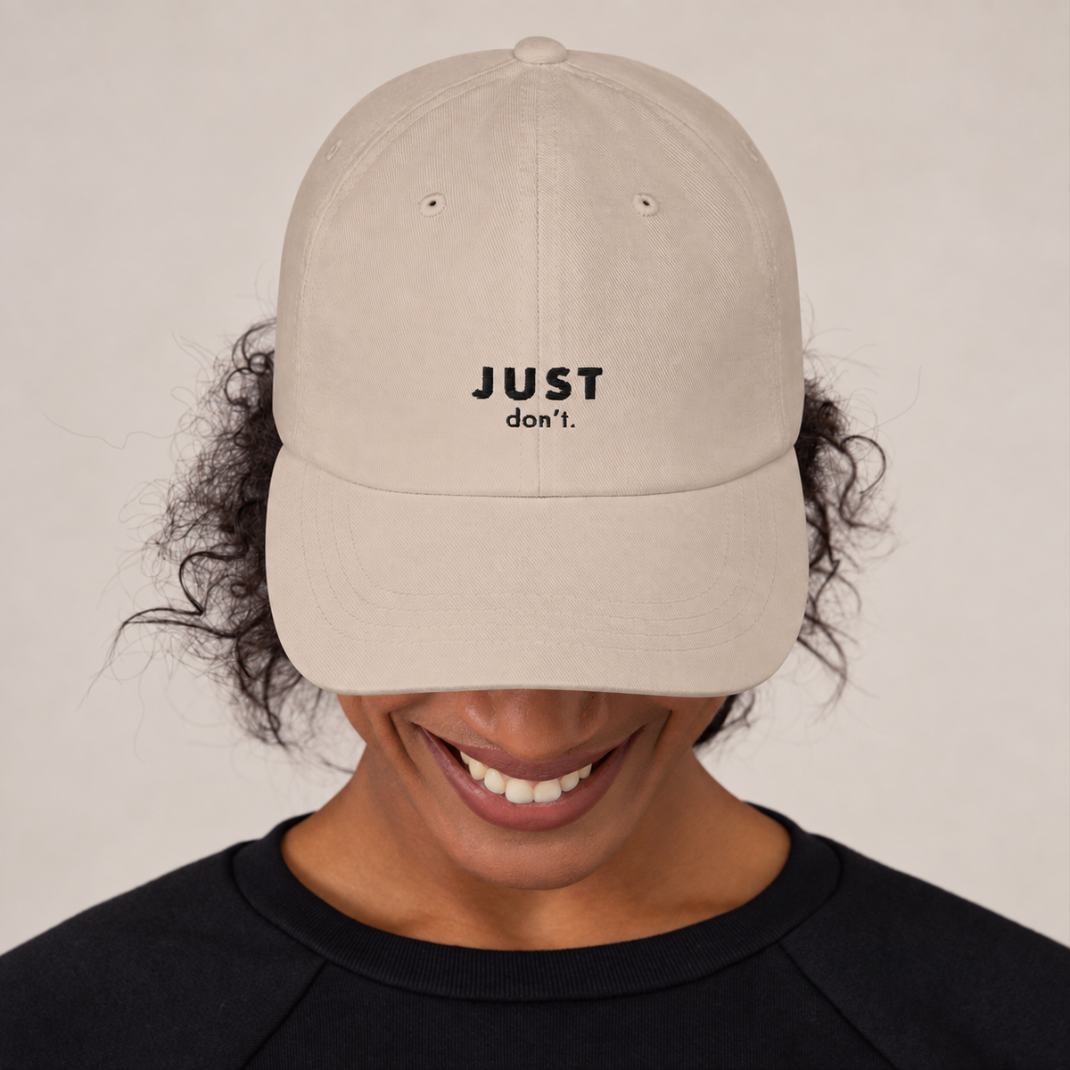 Just Don’t Baseball Hat — Stone, front view