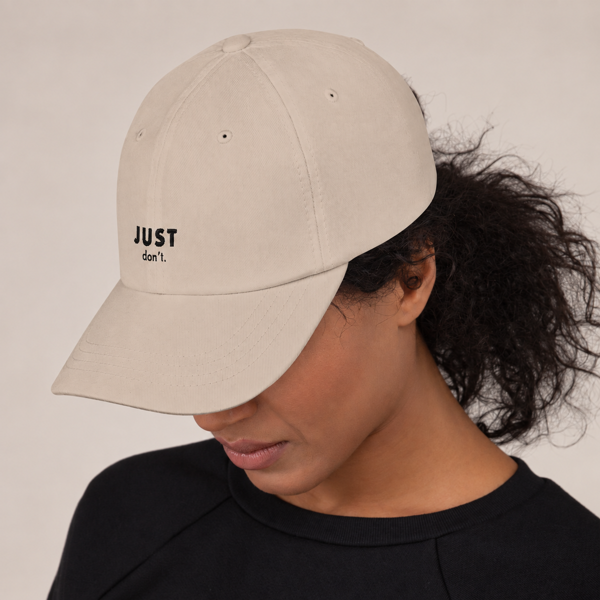 Just Don’t Baseball Hat — Stone, side view