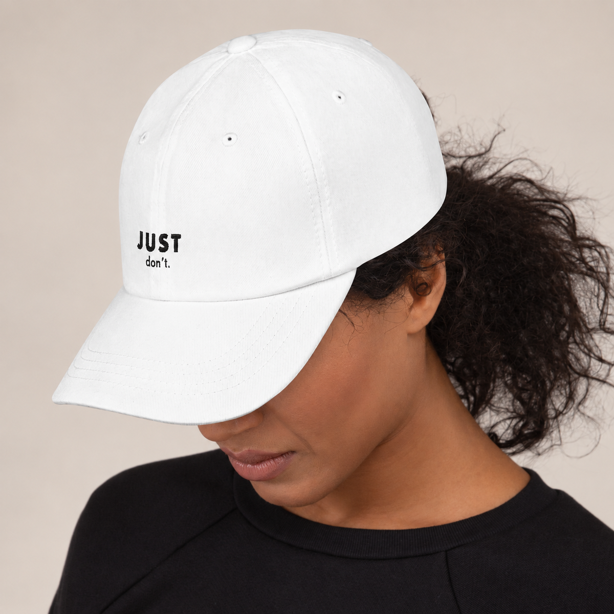 Just Don’t Baseball Hat — White, side view