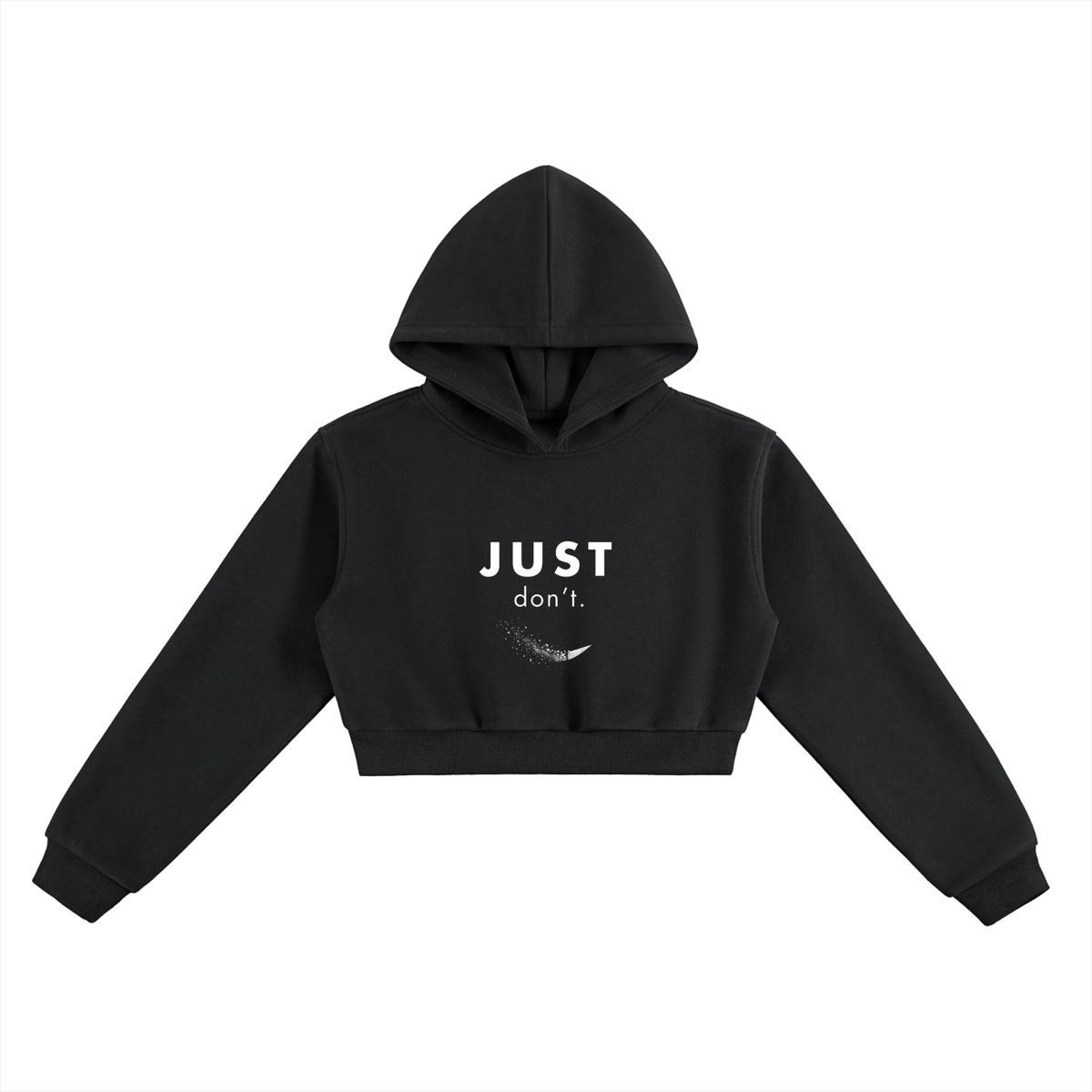 Just Don’t Women’s Cropped Hoodie in black, printed front view