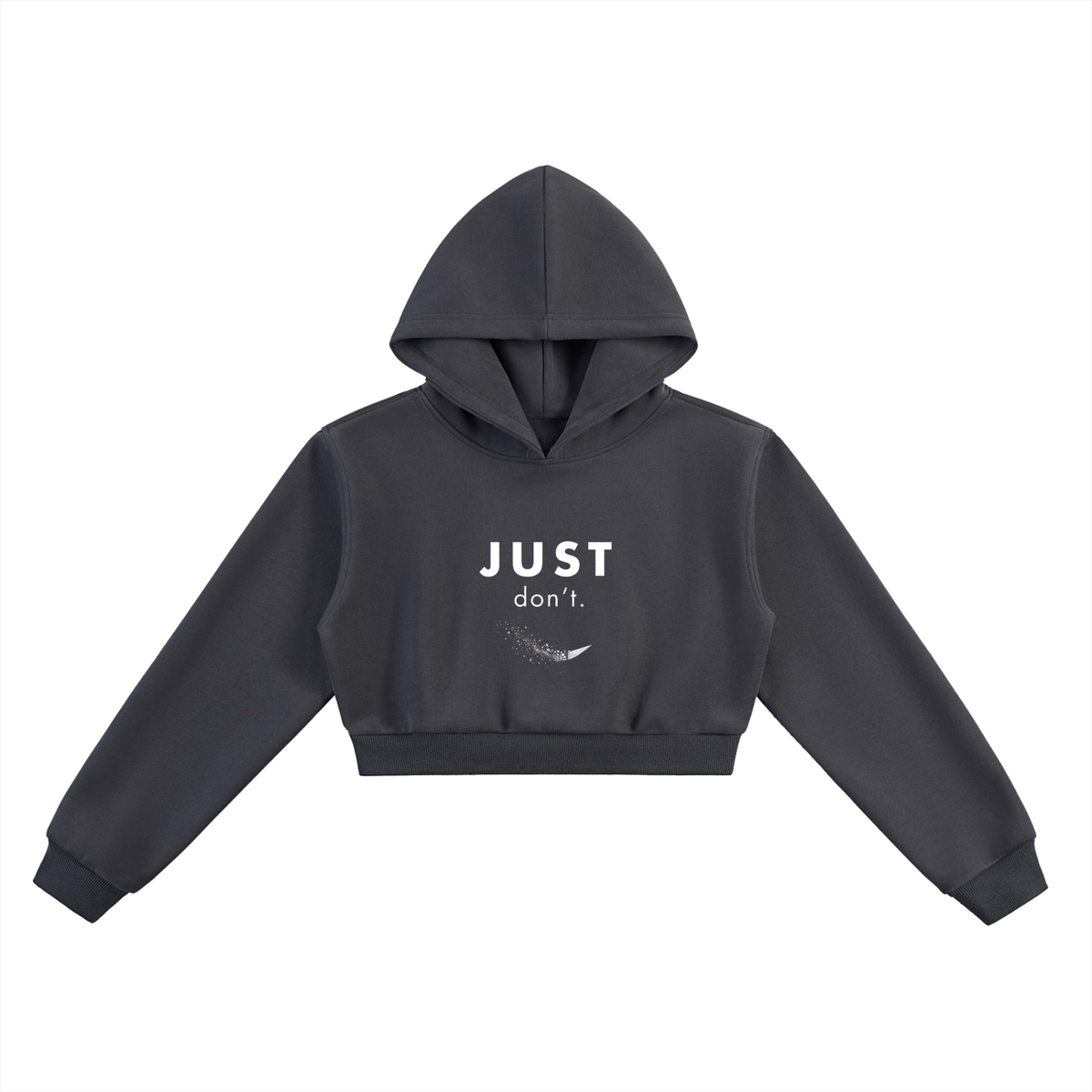 Just Don’t Women’s Cropped Hoodie in charcoal gray, printed front view