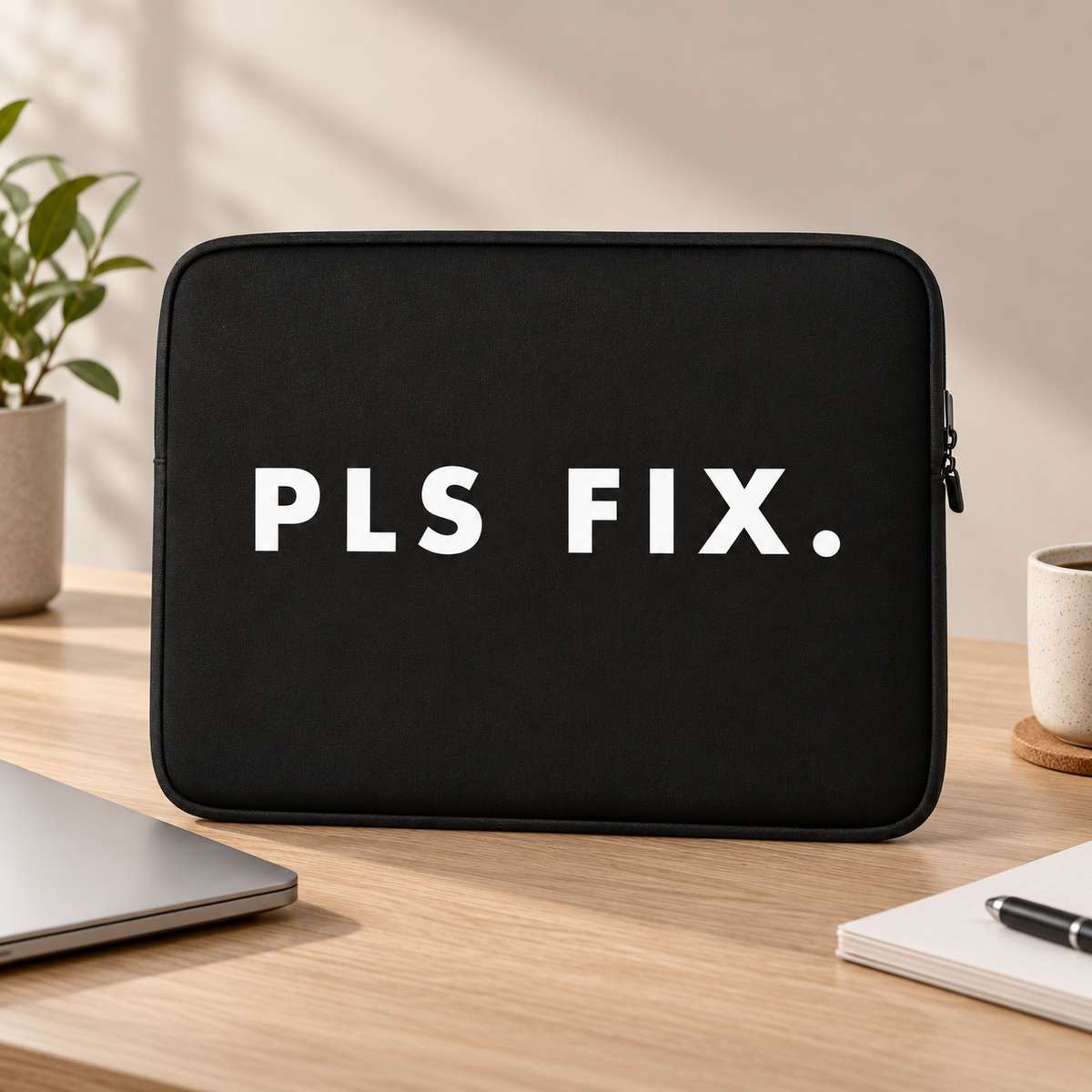 PLS FIX. Laptop Sleeve — on a desk