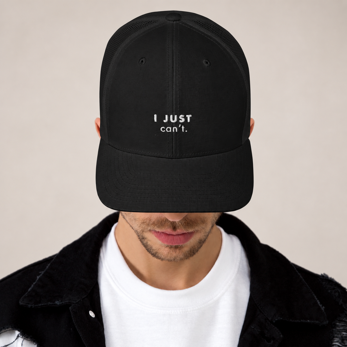 I Just Can’t Trucker Hat — Black, front view