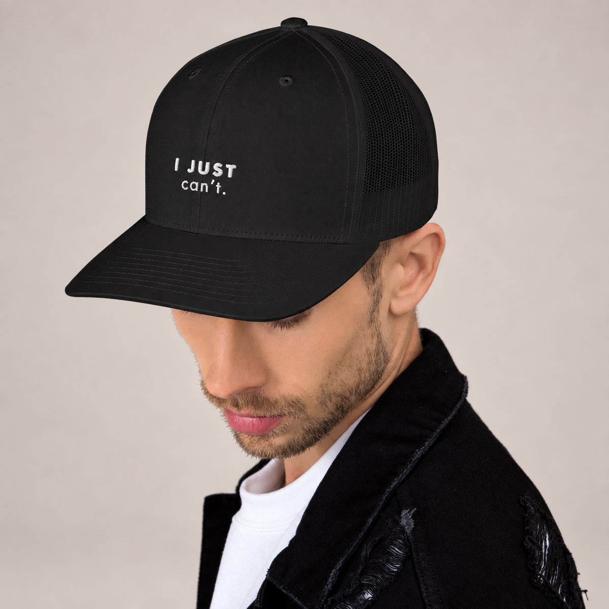 I Just Can’t Trucker Hat — Black, side view