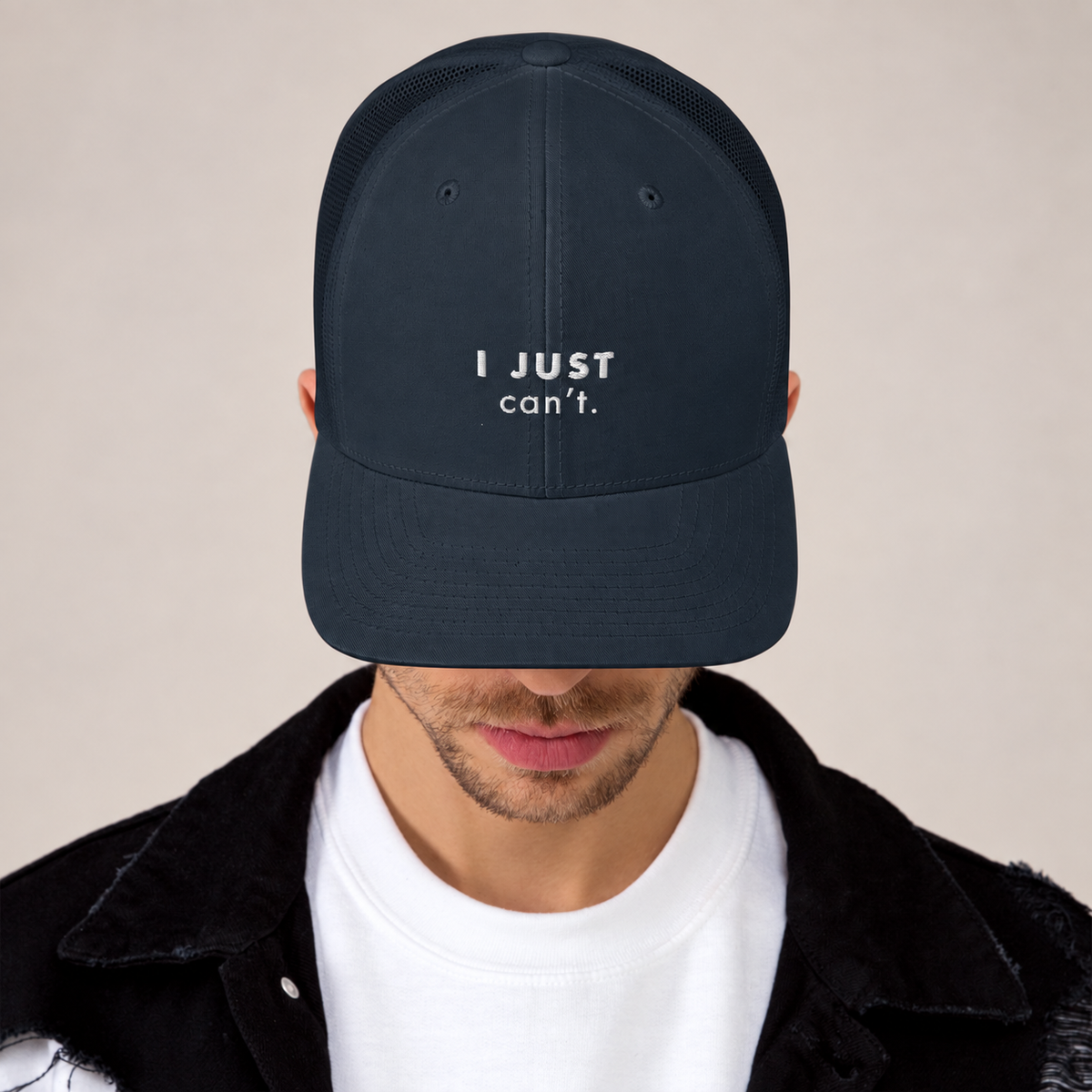 I Just Can’t Trucker Hat — Navy, front view