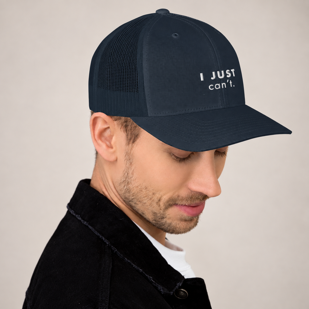 I Just Can’t Trucker Hat — Navy, side view