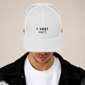 I Just Can’t Trucker Hat — White, front view