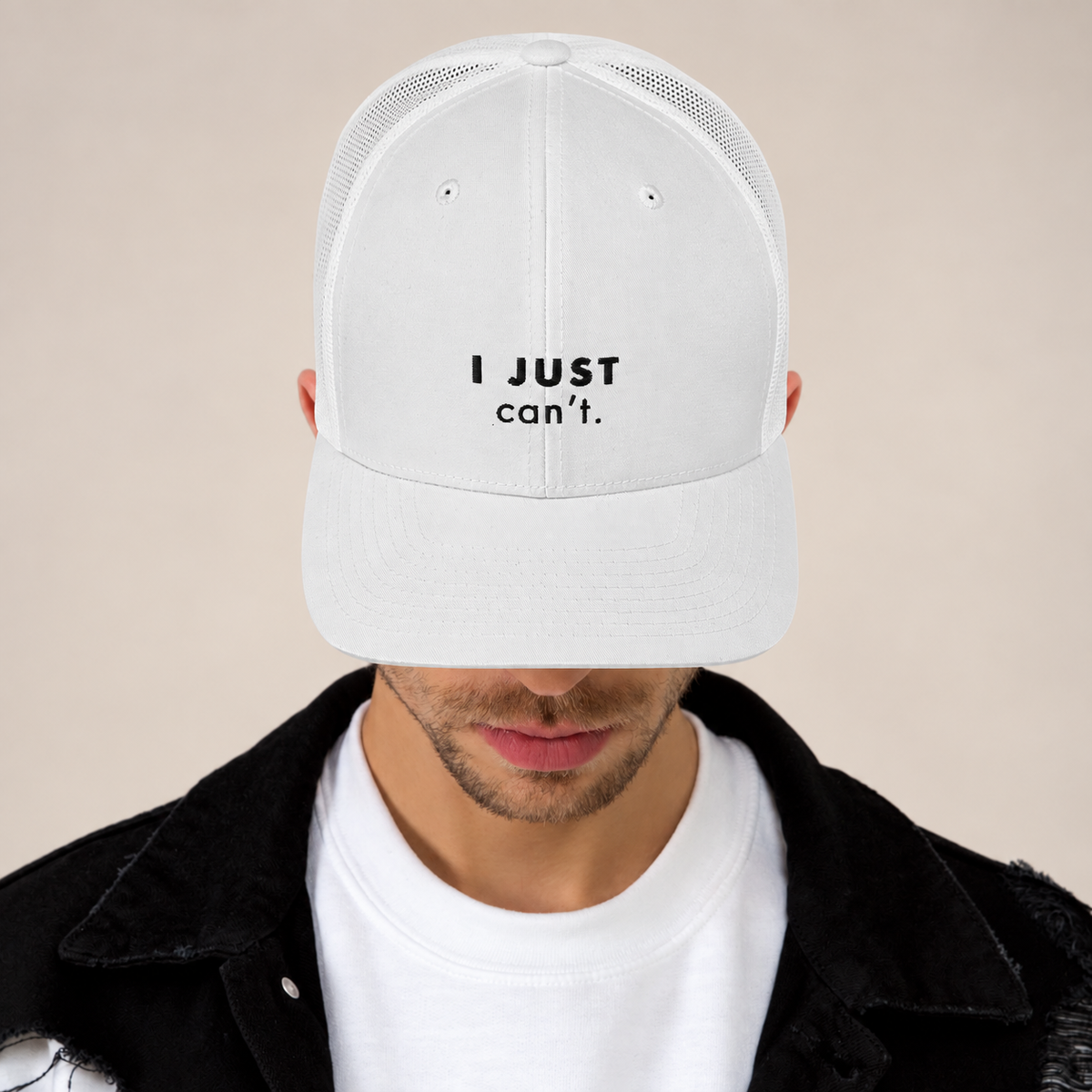 I Just Can’t Trucker Hat — White, front view