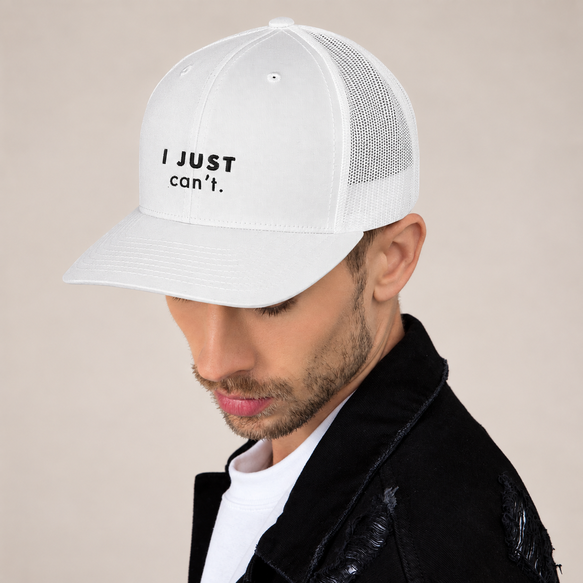 I Just Can’t Trucker Hat — White, side view